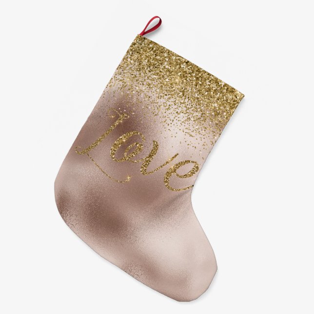 Glam Blush Rose Gold Glitzer Liebe Großer Weihnachtsstrumpf (Vorderansicht (hängend))