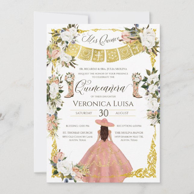 Glam Blush White Gold Charro Floral Quinceañera Einladung (Vorderseite)
