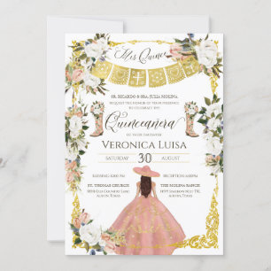 Glam Blush White Gold Charro Floral Quinceañera Einladung