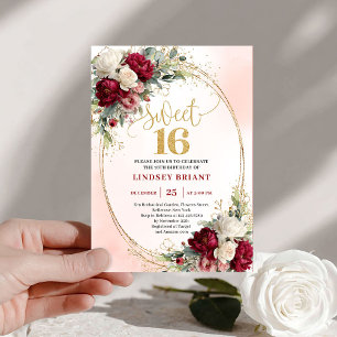 Glam Boho Burgunder Gold Floral Sweet Sixteen 16. Einladung