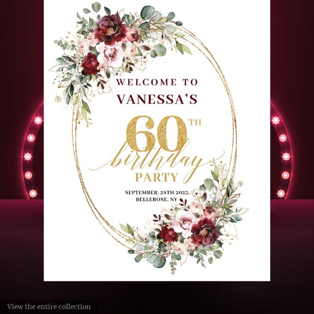 Glam Boho Burgundy Gold Floral 60th Birthday Prop Wandteppich (Glam Boho Burgundy Gold Floral 60th Birthday Backdrop)