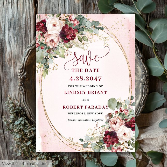 Glam Boho Deep Red Blush Gold Flowers Save Date Einladung (Glam Boho Deep Red Blush Gold Flowers Save Date)