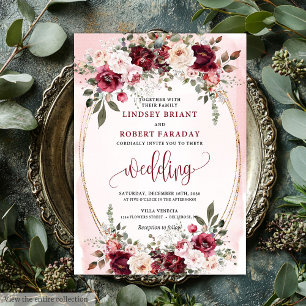 Glam Boho Dunkelrotes Gold Florales Hochzeitseinla Einladung