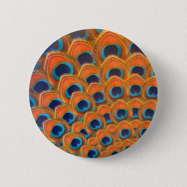 Glam Boho Orange Blue Peacock Feathers Button (Vorderseite)