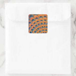 Glam Boho Orange Blue Peacock Feathers Quadratischer Aufkleber