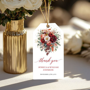 Glam-Bordeaux-Gold-Blumen-Hochzeitsgunst tiefrot Geschenkanhänger