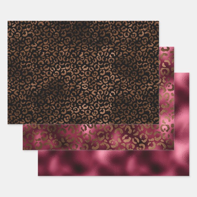 Glam Brown Black Burgund Leopard Print Geschenkpapier Set (Set)