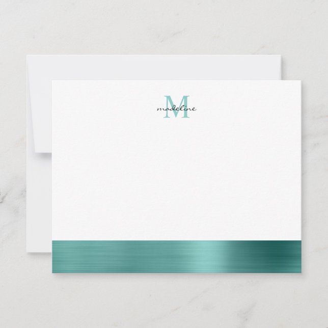 Glam Brushed Metal Aquamarin Green Girly Monogram Mitteilungskarte (Vorderseite)