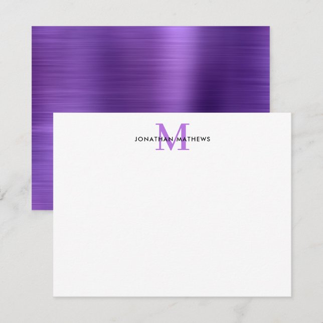 Glam Brushed Metal Lila Classic Monogram Mitteilungskarte (Vorne/Hinten)