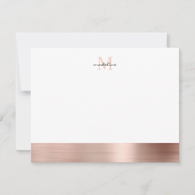 Glam Brushed Metal Rose Gold Girly Monogram Mitteilungskarte (Vorderseite)