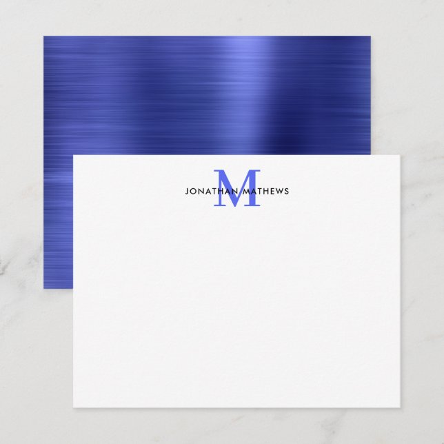 Glam Brushed Metal Royal Blue Classic Monogram Mitteilungskarte (Vorne/Hinten)