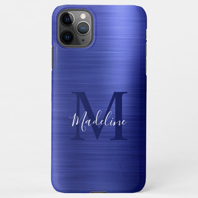 Glam Brushed Metallic Royal Blue Monogram iPhone Hülle (Rückseite)