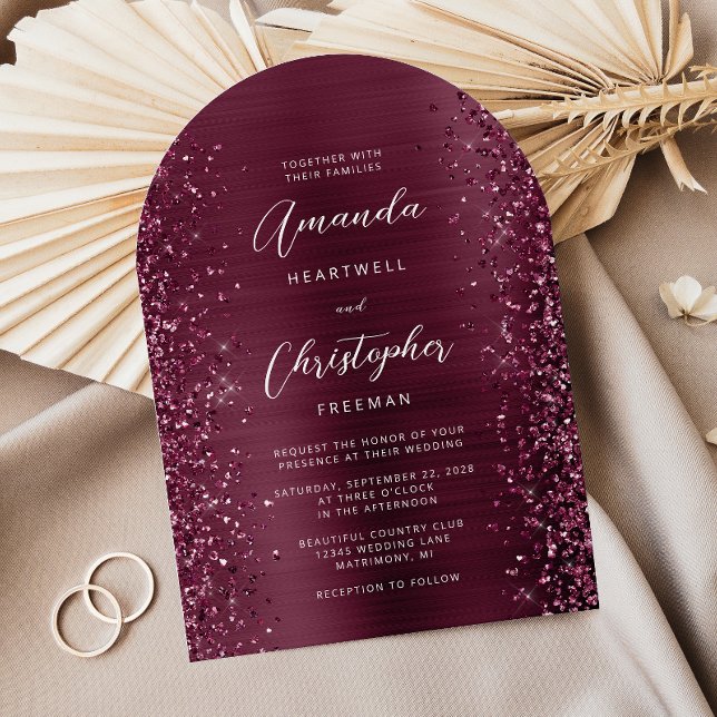 Glam Burgund Brushed Metal Glitzer Arch Wedding Einladung (Von Creator hochgeladen)