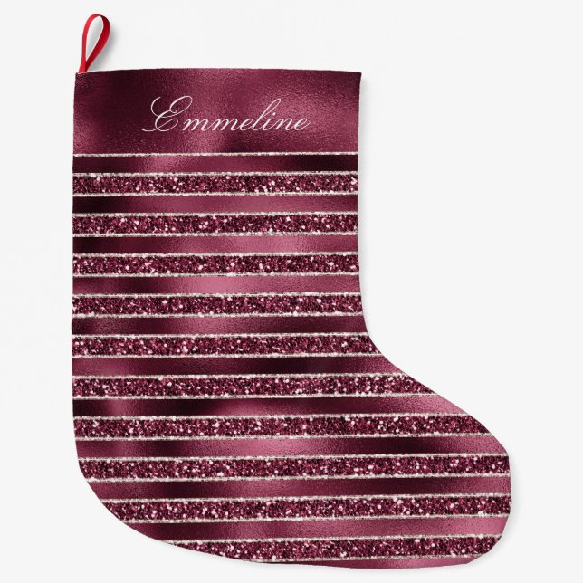 Glam Burgund Roter Glitzer Streifen Großer Weihnachtsstrumpf (Vorderseite)
