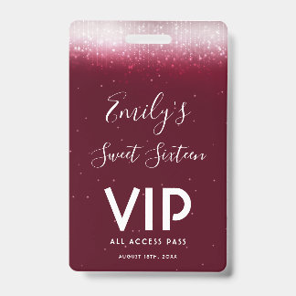 Glam Burgund Sweet 16 Einladung VIP Pass Abzeichen Ausweis