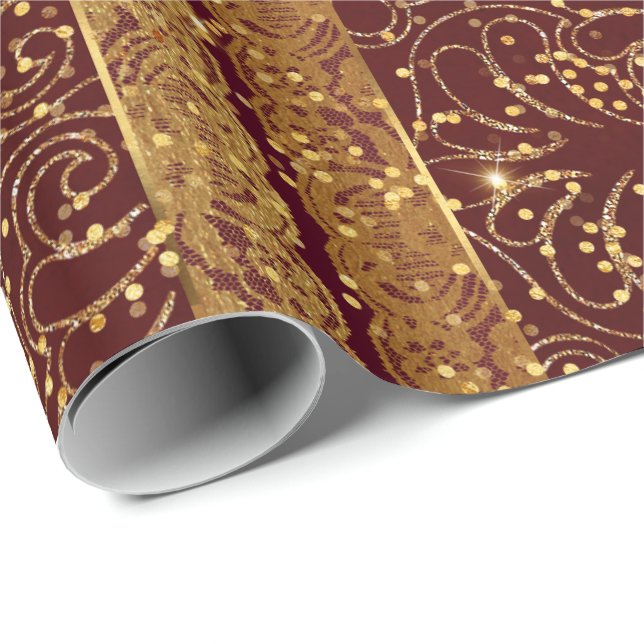 Glam Burgunde Wood Golden Foil Blumenace Geschenkpapier (Rolleneckpunkt)