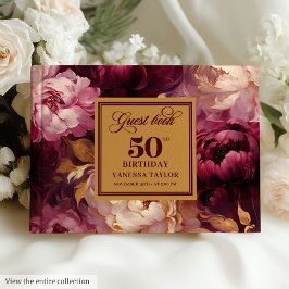 Glam Burgundy Blush Gold Floral 50. Geburtstag Gästebuch