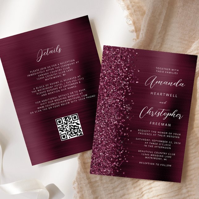 Glam Burgundy Brushed Metal QR Code Wedding Einladung (Von Creator hochgeladen)