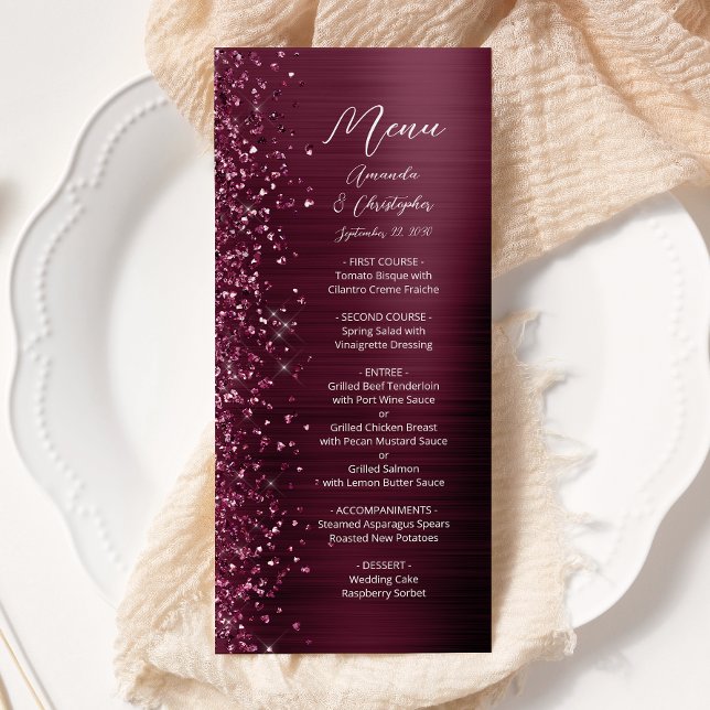 Glam Burgundy Glitzer Brushed Metal Wedding Menükarte (Von Creator hochgeladen)