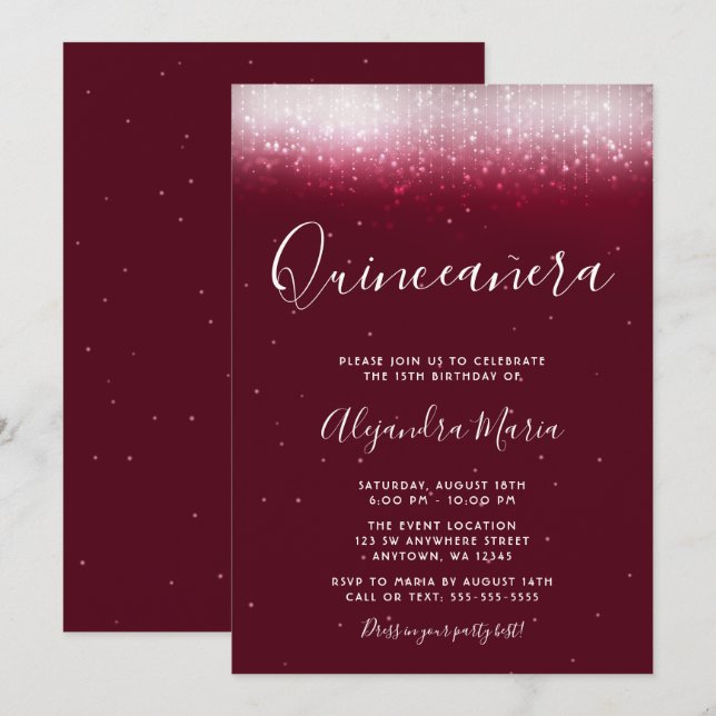 Glam Burgundy Quinceañera Einladung (Vorne/Hinten)