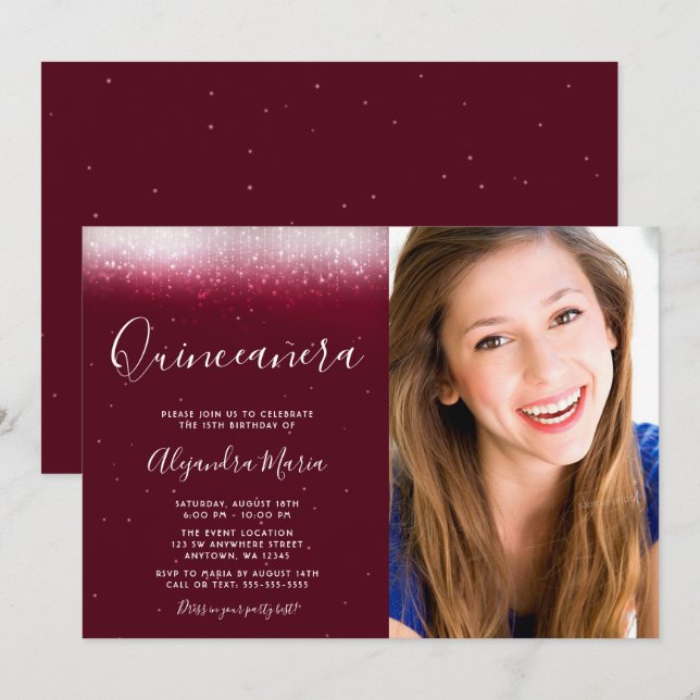 Glam Burgundy Quinceanera Foto Einladung (Vorne/Hinten)