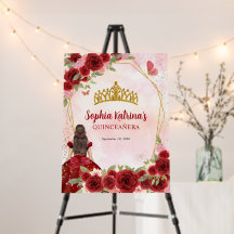 Glam Burgundy Red Gold Floral Princess Quinceañera