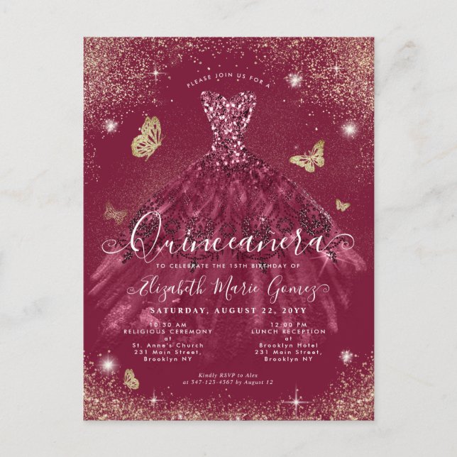 Glam Burgundy Red Gold Glitzer Gown Quinceanera Postkarte (Vorderseite)