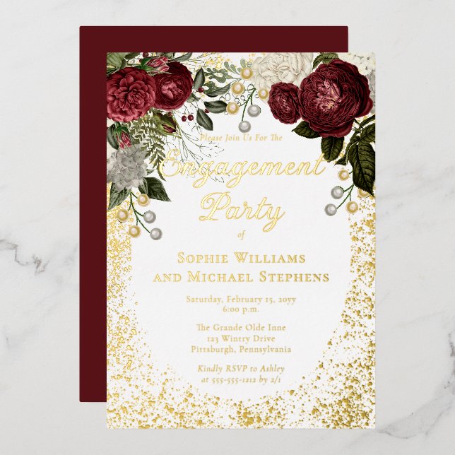 Glam Burgundy Rose Floral Engagement Party Folieneinladung (Vorderseite/Rückseite)