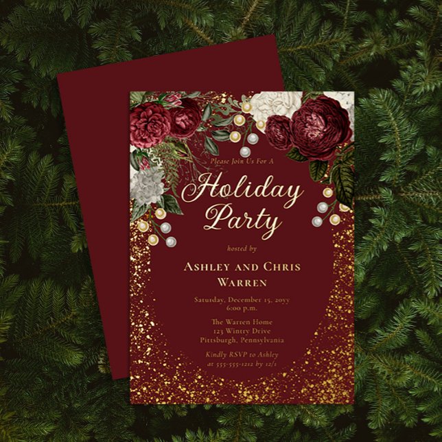 Glam Burgundy Rose Floral Weihnachtsfeier Folieneinladung (Von Creator hochgeladen)