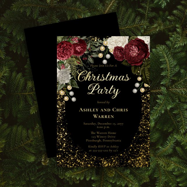 Glam Burgundy Rose Floral Weihnachtsfeier Folieneinladung (Von Creator hochgeladen)