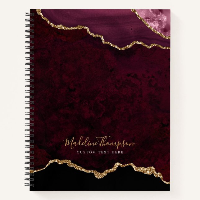 Glam Burgundy Velvet Agate Geode Gold Script Notizbuch (Vorderseite)