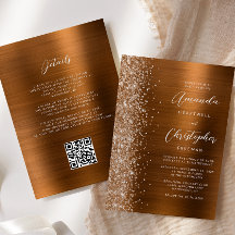 Glam Burnt Orange Brushed Metal QR Code Wedding