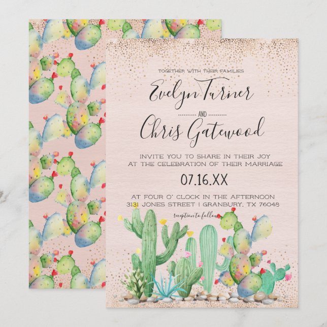 Glam Cactus Fiesta Wedding Einladung (Vorne/Hinten)