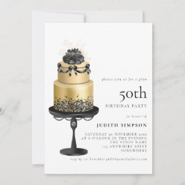 Glam Cake Florals Gold Black 50. Geburtstag Einladung