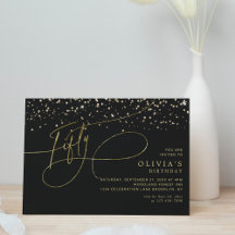 Glam Calligraphy Black Gold Confetti 50th Birthday