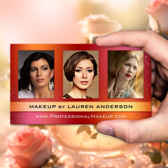 Glam Carte de visite de maquillage de portefeuille (Beauty business card featuring a photo portfolio on a colorful red orange glitter design)