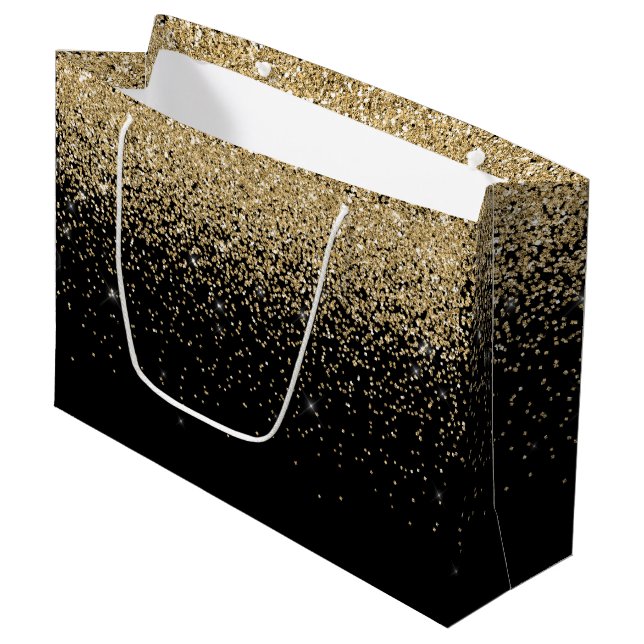 Glam Cascades Gold Glitzer Black Background Große Geschenktüte (Vorderseite Schrägansicht)