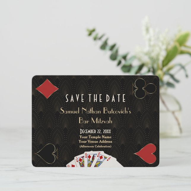 Glam Casino Vegas Poker Bar Mitzvah Save the Date (Stehend Vorderseite)