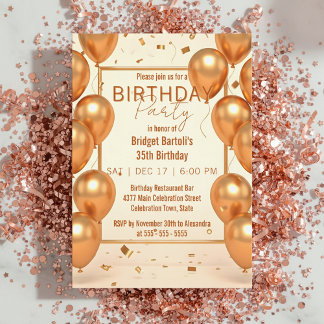 Glam Champagne Gold Balloons and Confetti Birthday Einladung