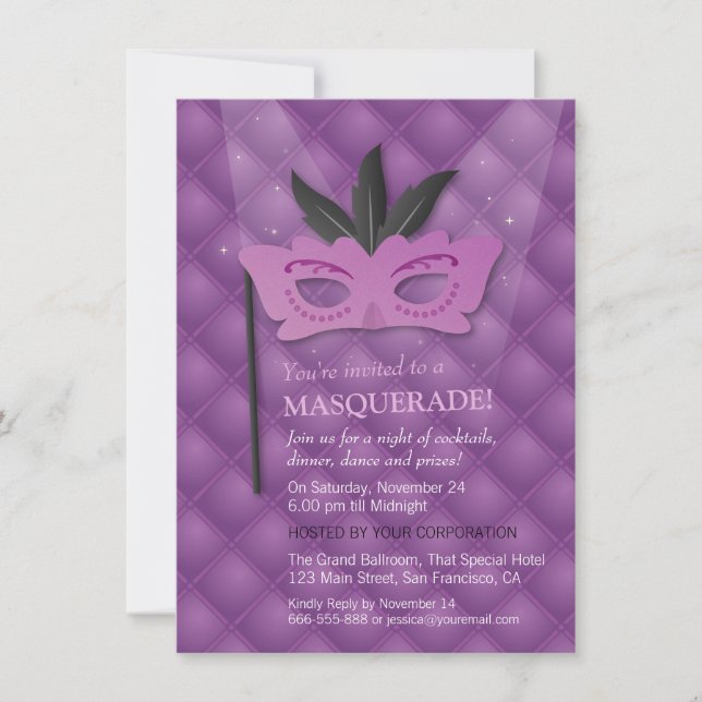 Glam Chic Lila Mask Masquerade Party Einladungen (Vorderseite)