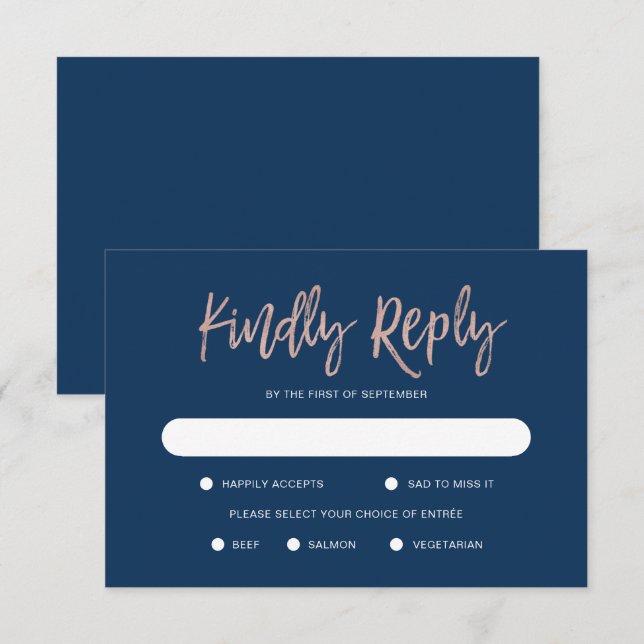 Glam Chic Navy Blue & Rose Gold Wedding Carte RSVP (Devant / Derrière)
