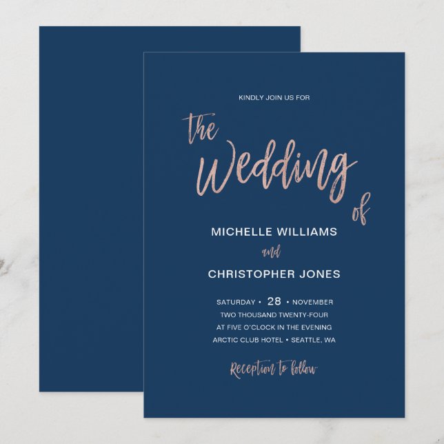 Glam Chic Navy & Rose Gold Wedding Card Einladung (Vorne/Hinten)
