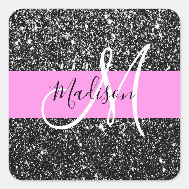 Glam Chic Pink Black Glitzer Sparkname Monogram Quadratischer Aufkleber (Vorderseite)