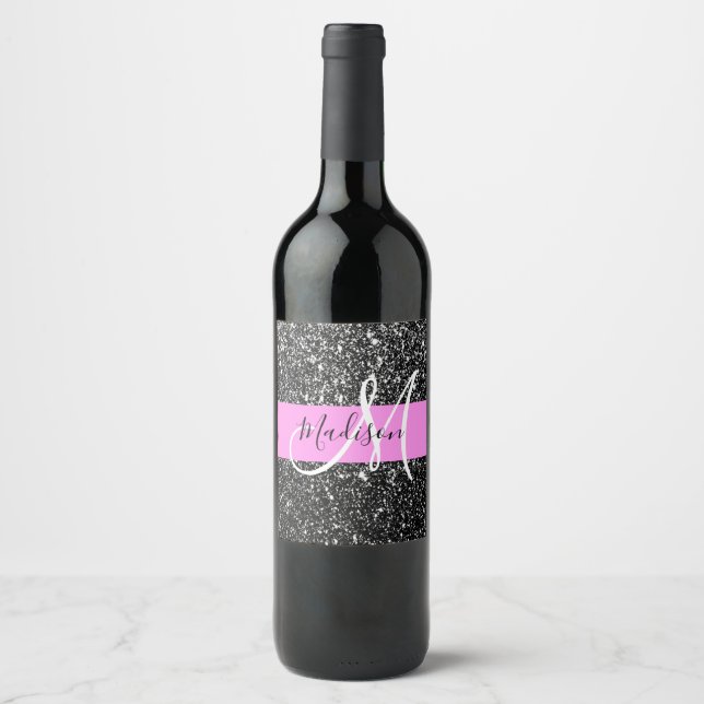Glam Chic Pink Black Glitzer Sparkname Monogram Weinetikett (Vorderseite)
