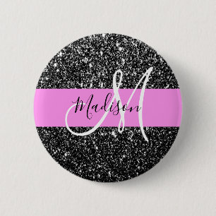 Glam Chic Pink Schwarzer Glitzer Funkelname Monogr Button
