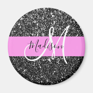 Glam Chic Pink Schwarzer Glitzer Funkelname Monogr Magnet