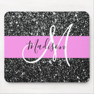 Glam Chic Pink Schwarzer Glitzer Funkelname Monogr Mousepad