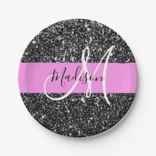 Glam Chic Rosa Schwarzes Glitter Funkeln Name Mono Pappteller