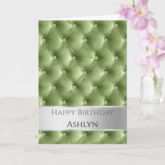 Glam Chic Sage Green Imitats Velvet Silver Geburts Karte (Orchidee)