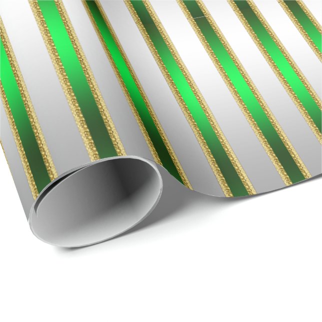 Glam Chic Shiny Silver und Grüne Streifen Geschenkpapier (Rolleneckpunkt)